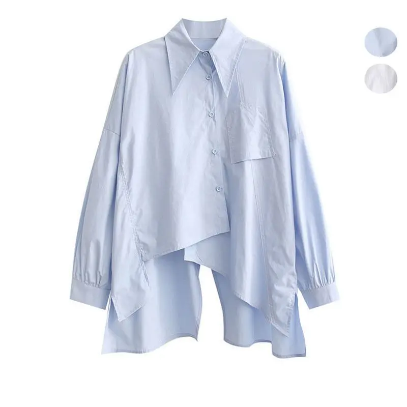 

Spring Autumn New Solid Color Shirt Women High Street Turn-down Collar Long Sleeve Button Cardigan Elegant Asymmetrical Tops