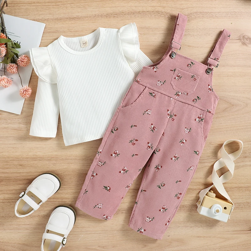 2 Pieces Kids Suit Set Solid Color O-Neck Long Sleeve Tops+ Floral Print Suspender Trousers for Girls, 6 Months-4 Years