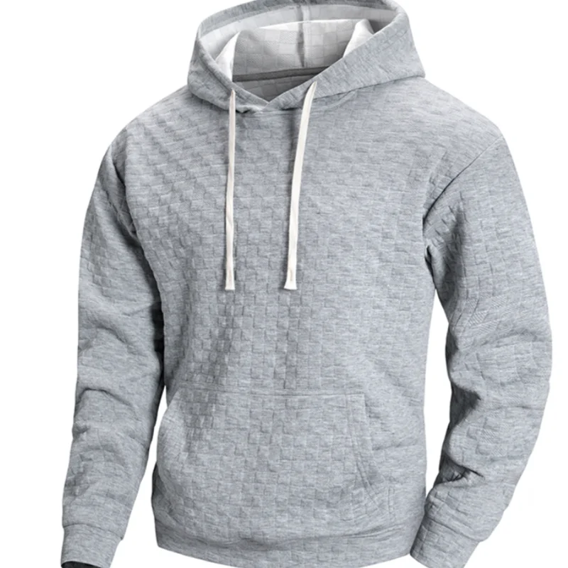Full Grid Jacquard Hoodie Men Drawstring Hood Long Sleeve Front Pocket Loose Fit Textured Knit Top Autumn Winter Daily Outfits