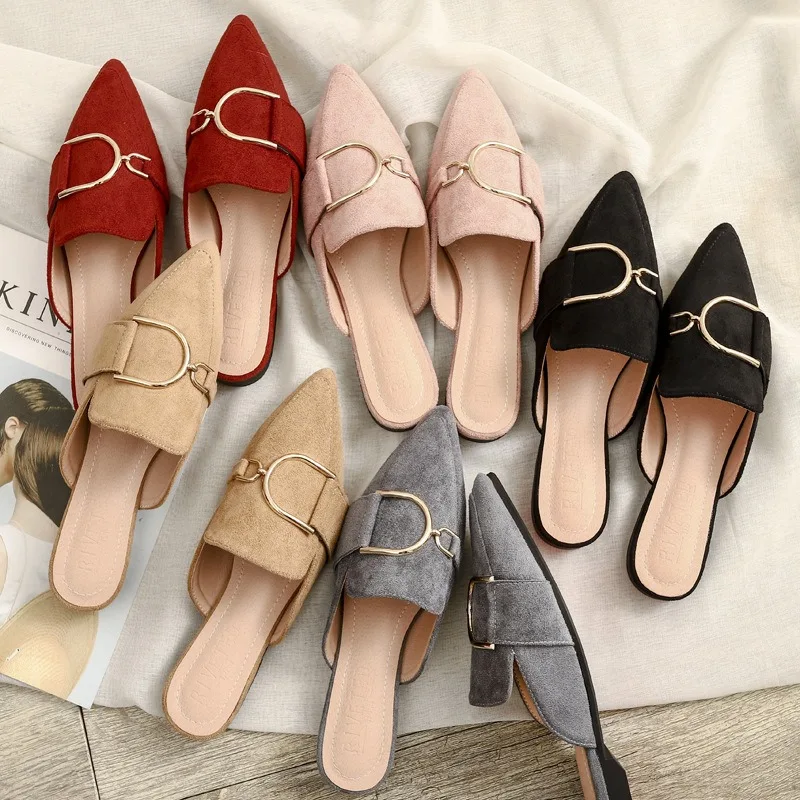 Metal Decor Pointed Toe Women Mules Slip on Fashion Women's Footwear Spring Autumn Slides Zapatos De Mujer Size34 43 Mules Femme