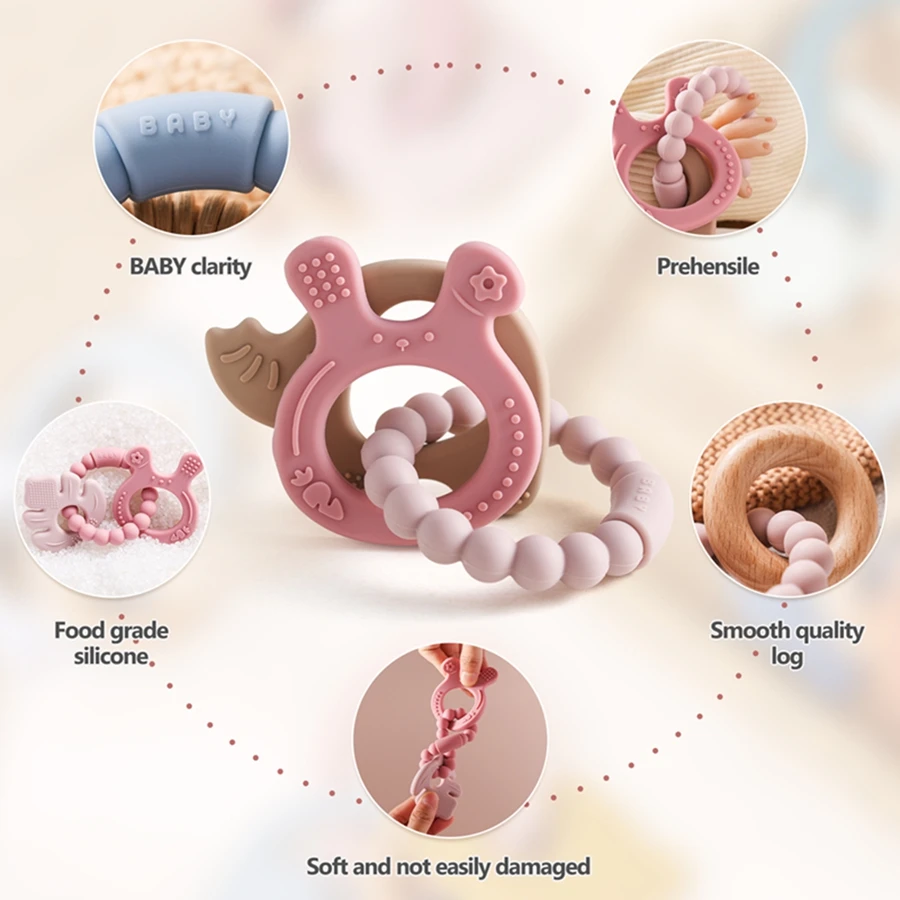 عضاضة سيليكون خالية من بيسفا ، ألعاب تسنين الأرانب ، حلقة خشبية ، أسنان تمريض لحديثي الولادة ، 1: طفل