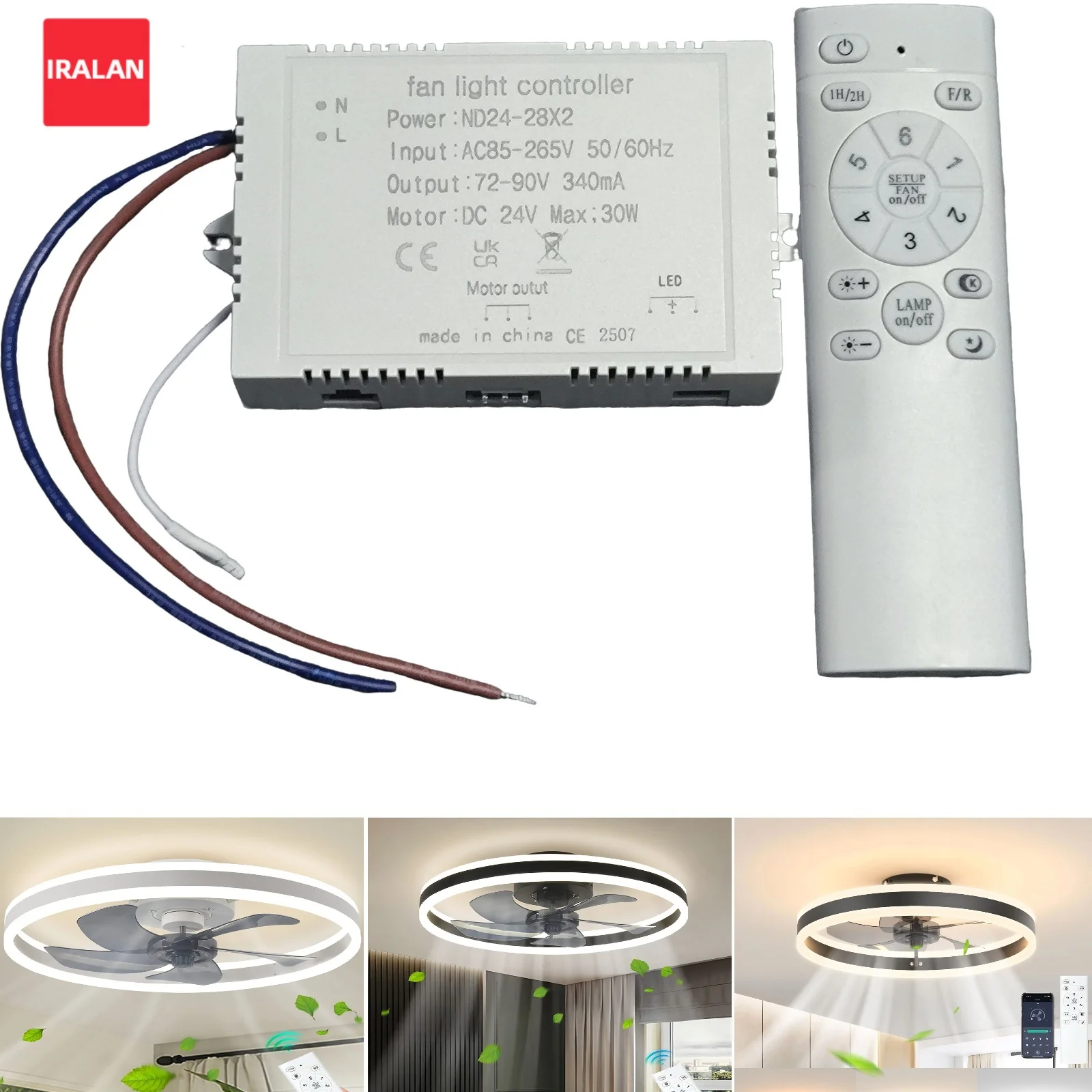 IRALAN Replacement Spare Parts Fan Light Controller LED Strip 85-265V LED Driver 240mA 340mA Wireless Remote 3 Color Light