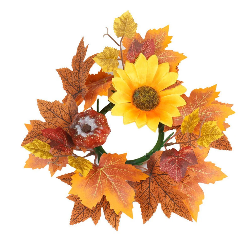 

26cm Sunflower Maple Leaves Haw Candle Ring Harvest Day Wreath Ring Holder Small Wreath Pillar Candle Holder Wreath