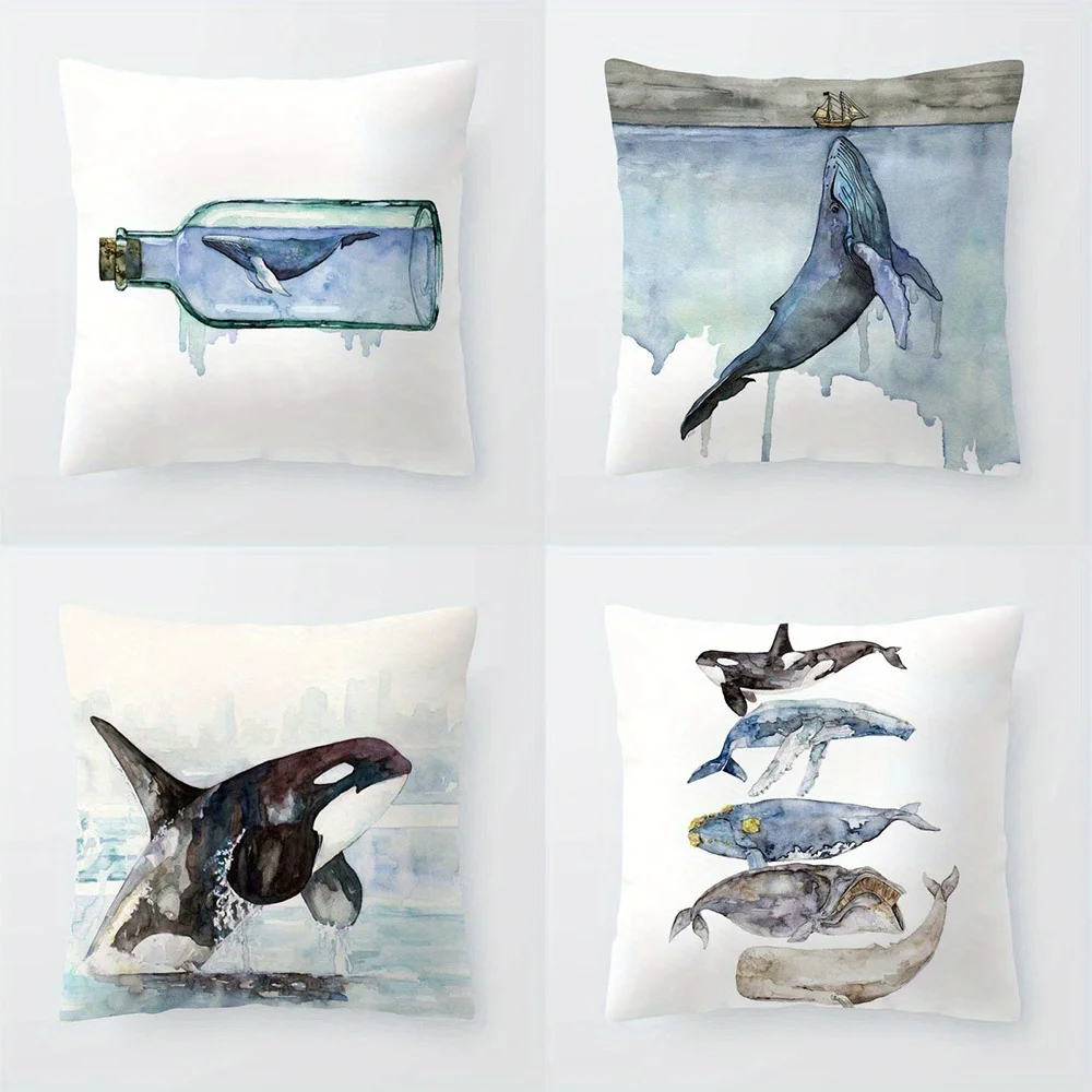 Watercolor Whale Throw Pillow Covers, Whale in Bottle Orca Humpback Print Cushion Cases, Coastal Decor for Bedroom Living Room