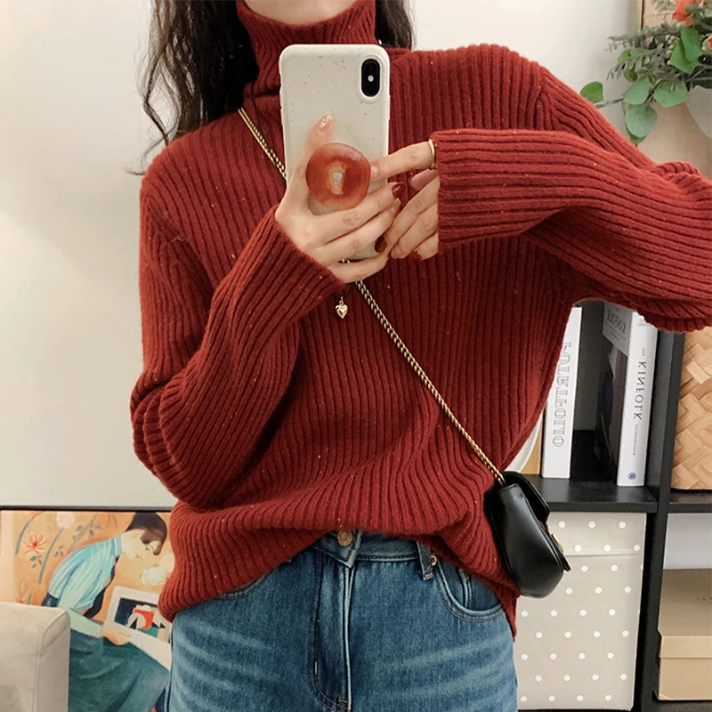 New Thick Half High Collar Bright Silk Sweater For Women With Lazy Style Solid Color Base Knitted Sweater Versatile