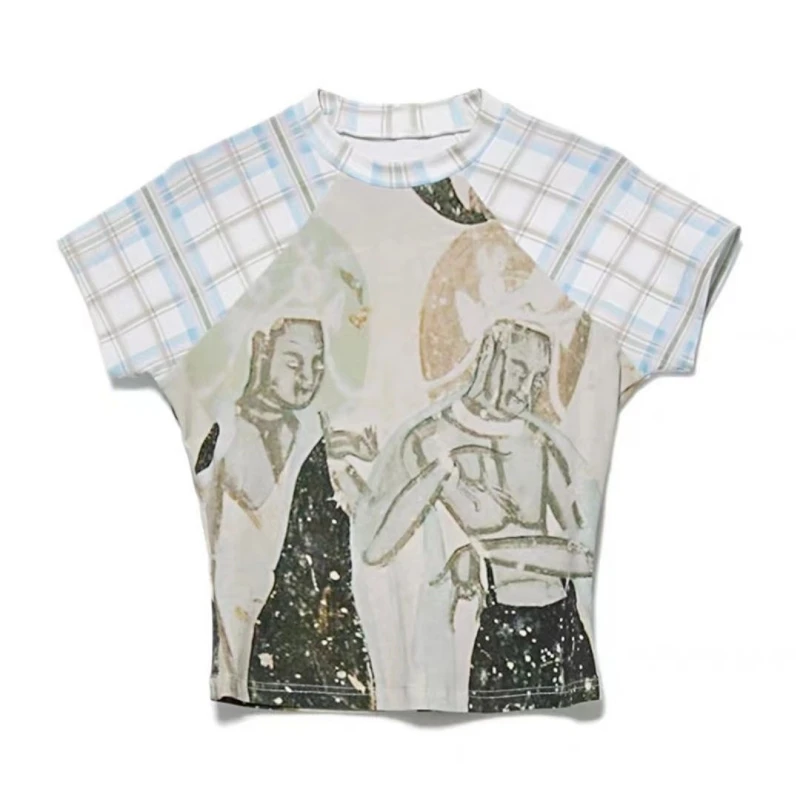 

2025 Korean Hot Girl Short Style Niche Design Retro Printed Patchwork T-shirt K Fashion For Women's Slim Fit Short Sleeved Top