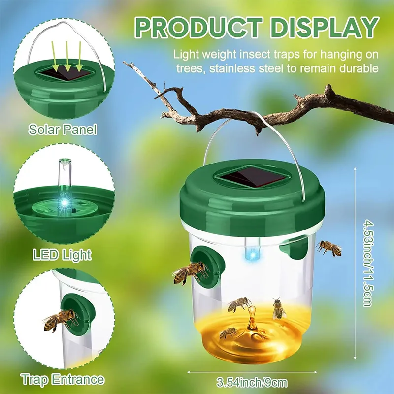 IPX4 Waterproof Solar Wasp Bee Trap Outdoor Hanging Insect Catcher With 7mm Spikes UV LED Light Fly Hornet Catcher For Garden