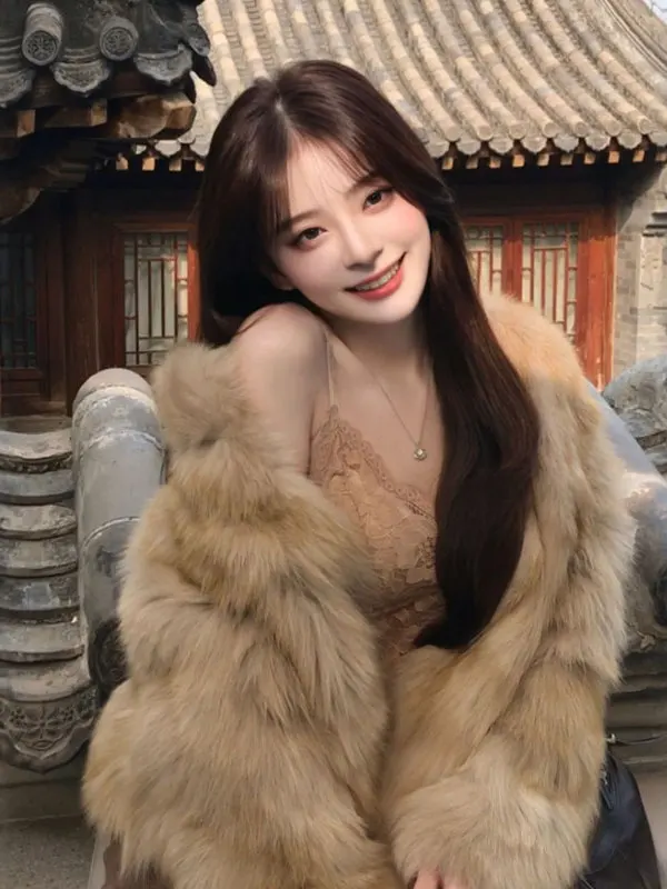 

Ретро-пальто из искусственного меха для молодых женщин: Экологичное, модное, теплое, с длинными рукавами, V-образным вырезом, утепленное, осенне-зимнее