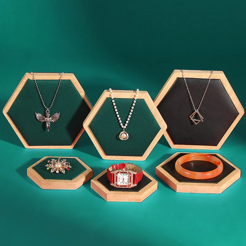 3pcs Creative Hexagonal Jewelry Display Tray Bamboo Wood Ornament Display Stand 3PCS Jewelry Storage Rack