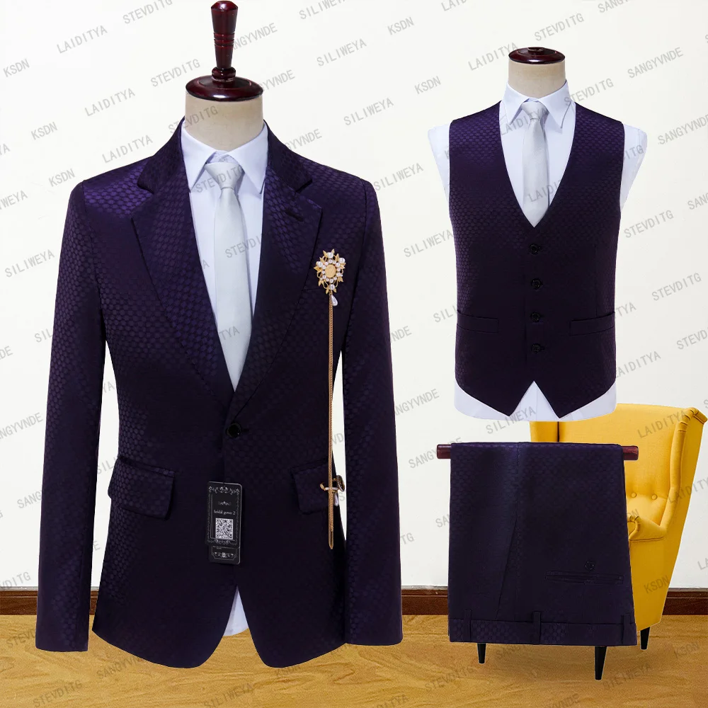 

2023 Men's Suits Dark Purple Jacquard Dots Business Professional 3Pcs Sets Groom Wedding Dress Host Costumes（Jacket+Pants+Vest）