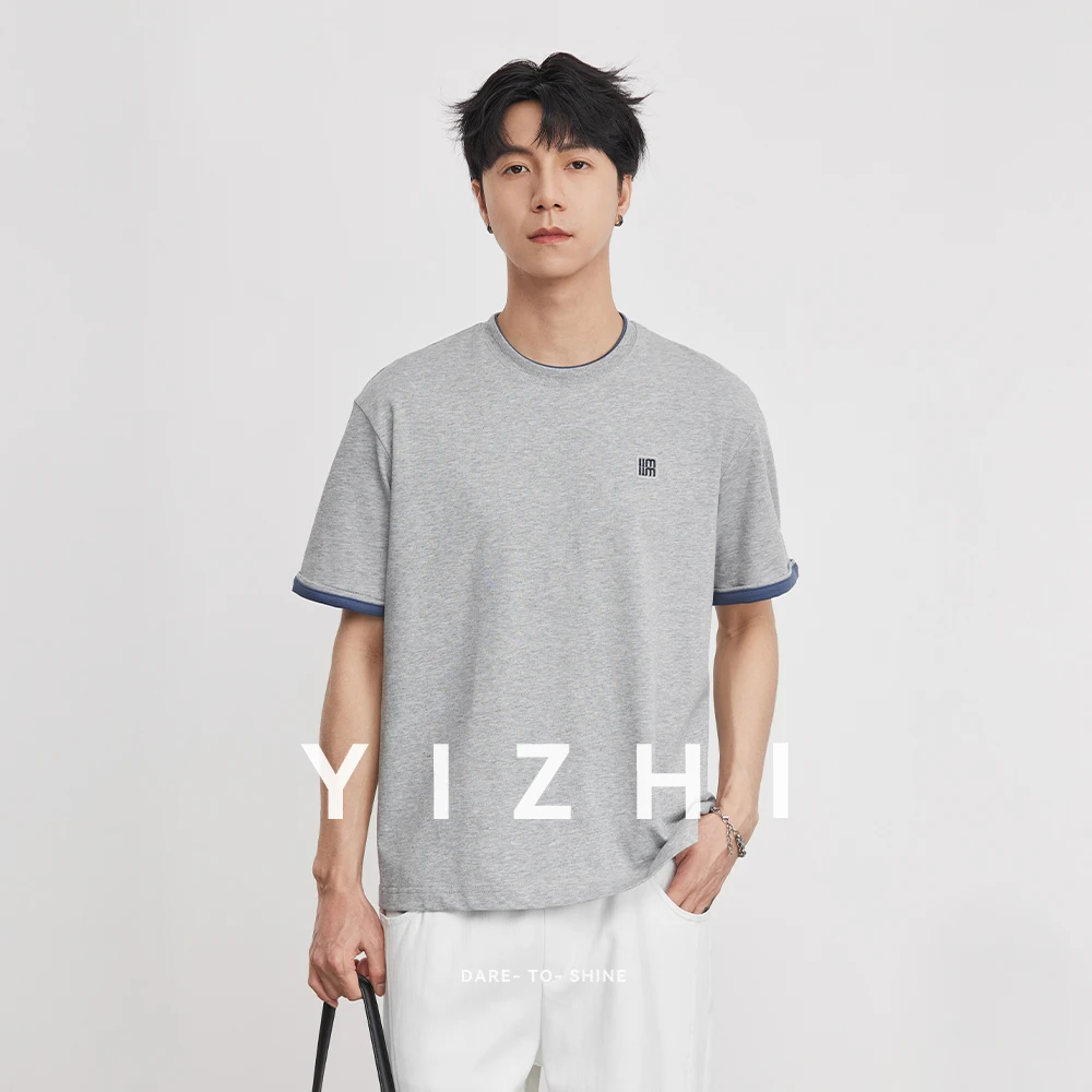 260g Heavyweight Contrast Color Crew Neck Short Sleeve T-Shirt Men Summer Casual Slightly Dropped