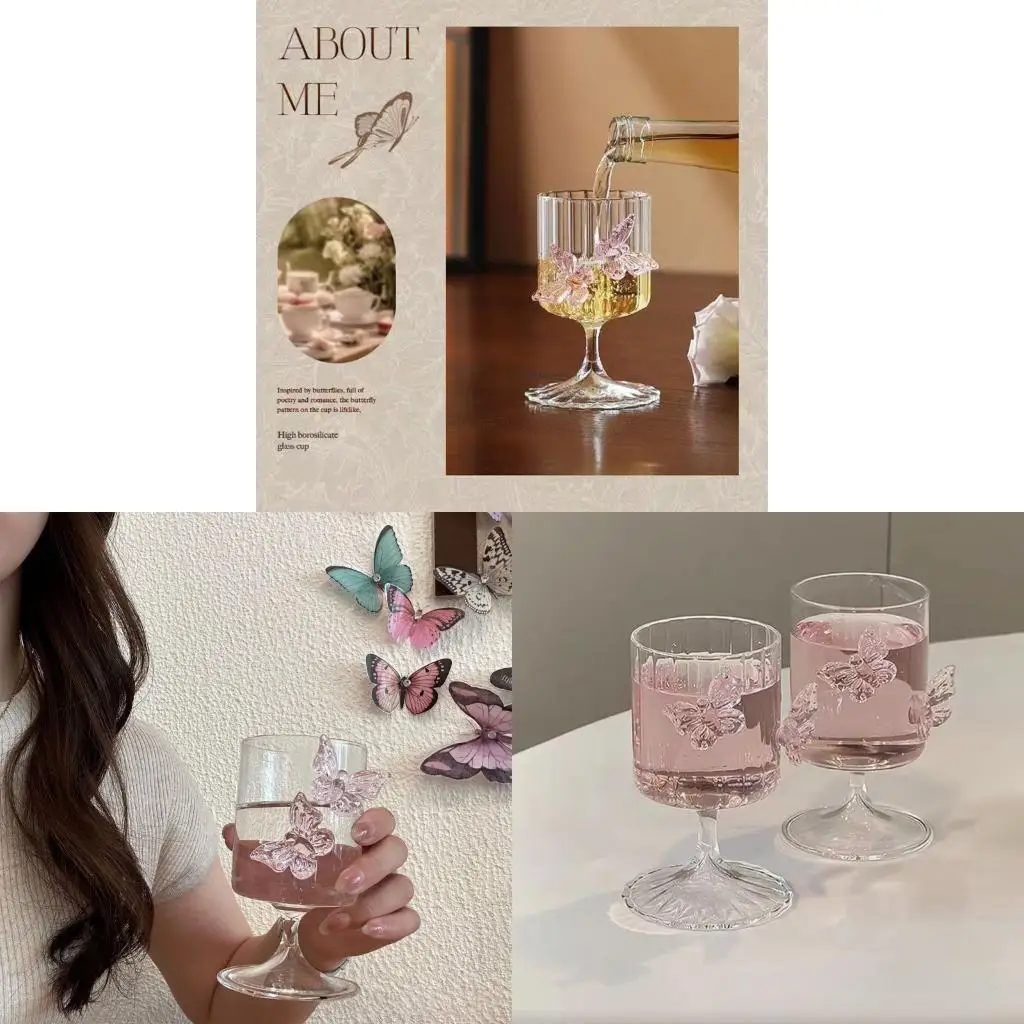 37ME Unique 250Ml Pink Butterfly Highballs Glass With Elegant Appearance Ergonomic Grip Water Goblet For Any Occasion