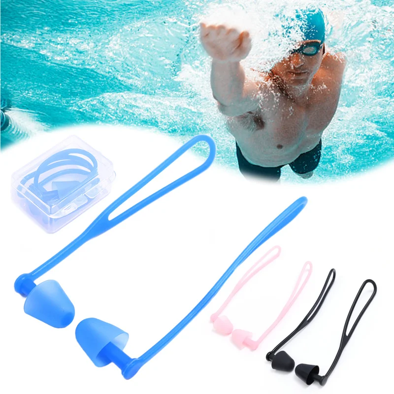 1pair Swimming Earplugs Box-packed Noise Reduction Silicone Soft EarPlugs Swimming Goggles with Lanyard Earplugs Protective Ears