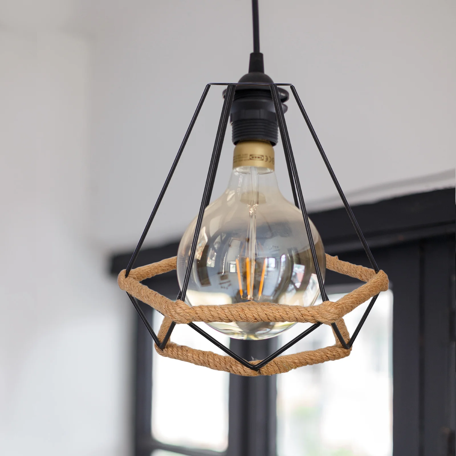 

Handwoven Rope Iron Art Pendant Lamp Shade E27 Black Ceiling Light Fixture for Hallway Bedroom Dining Room Rustic Wired