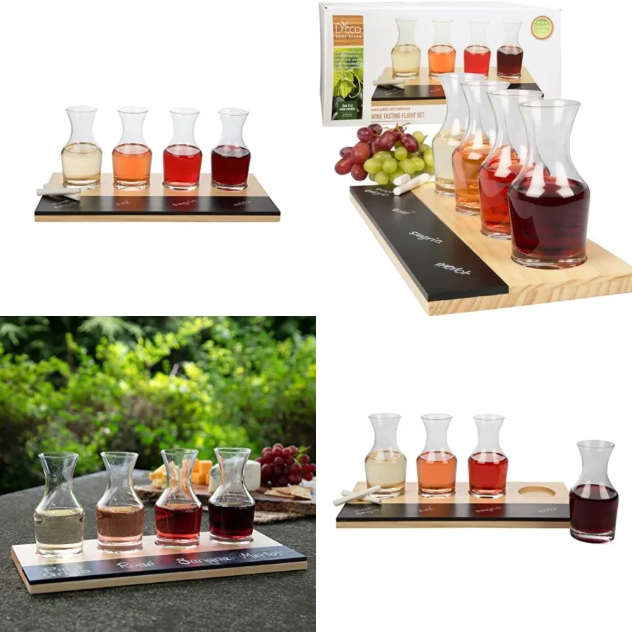 

Deco Wine Tasting Flight Sampler Board - Set Includes Four Decanter Glasses Wood Paddle Chalkboard - Great for Charcuterie Boar