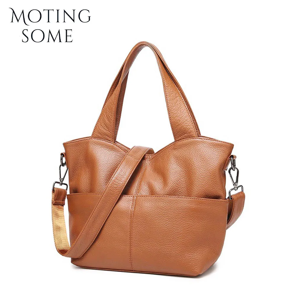 Motingsome Luxury Leather Woman Bag Full Grain Cowhide Multi-pocket Shopper Tote Crossbody Shoulder Handbag Thick Cowhide Bags