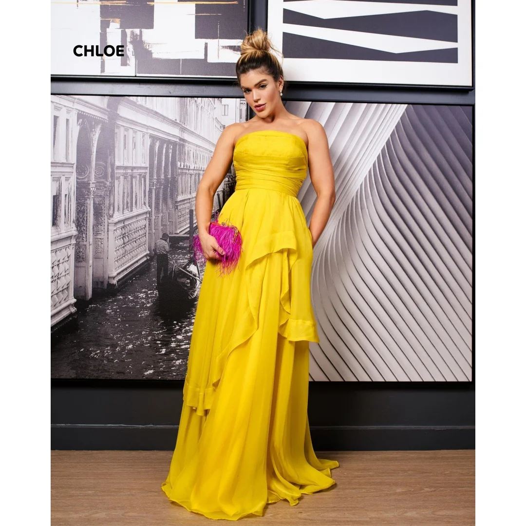

Golden Yellow Evening Dresses Woman Elegant Dress Luxury Women's Evening Dresses Customized Line A Sleeveless Chiffon Ball Gowns