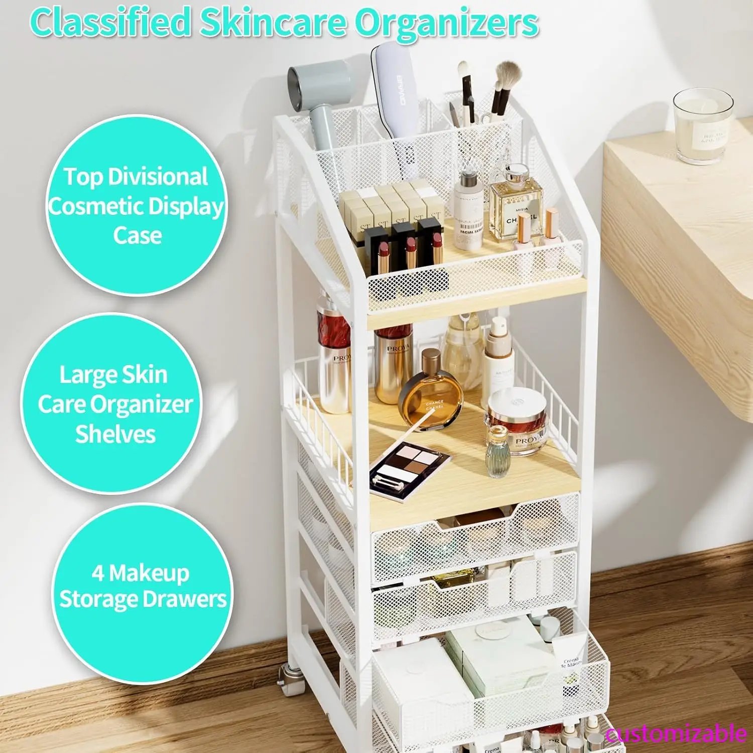 

New Makeup Organizer Storage Cart - Floor Skincare Make Up Storage with 4 Drawers, Rolling Makeup Cart Vanity Organizer