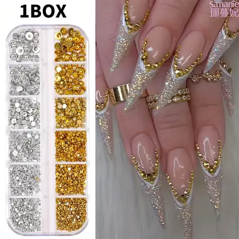 12 Grids Gold Silver Flat Back Nail Rhinestones Mixed Size Round Nail Studs Metallic Nail Art Decor Supplies for Salon Home DIY Manicure