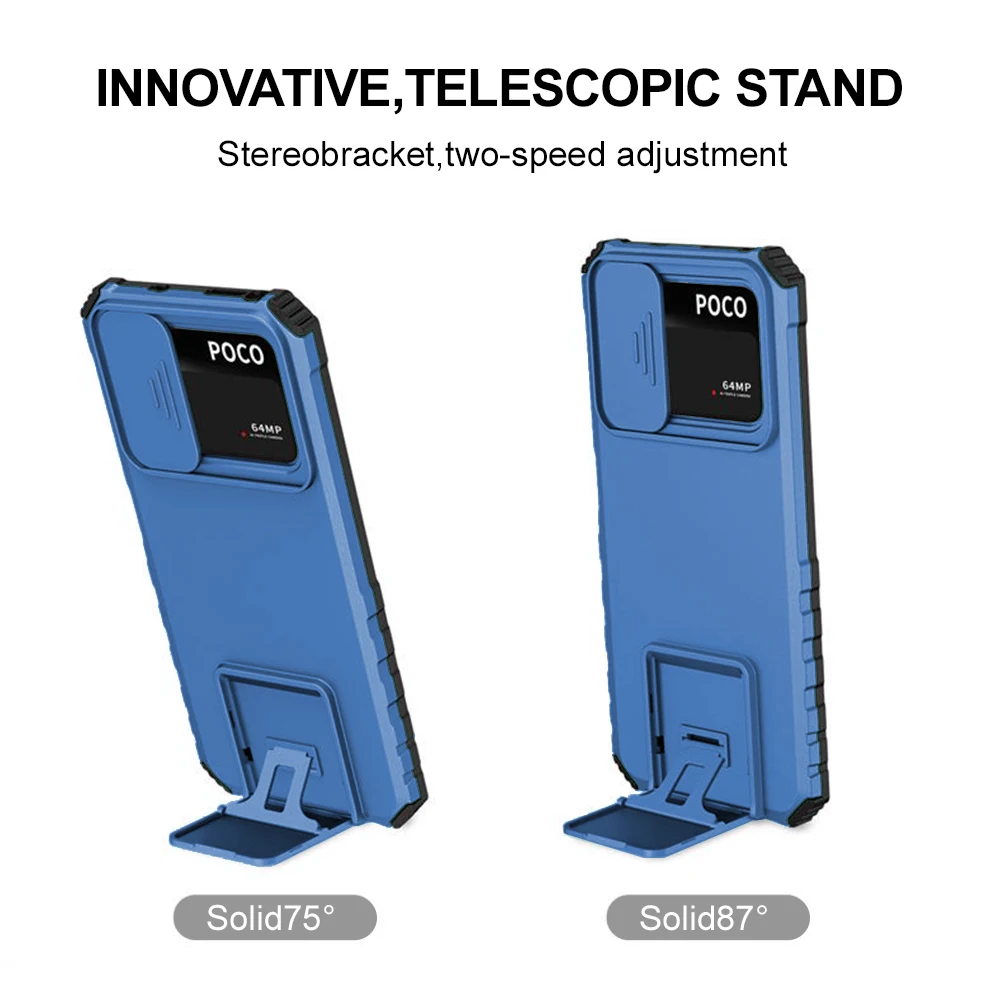 Phone Case Shockproof For Xiaomi Poco X6 X5 Pro X3 NFC Sliding Camera Lens Protector Cover With Adjustable Angle Kickstand Cover