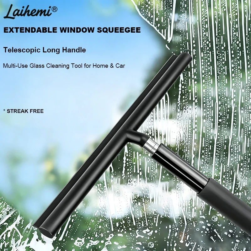 Telescopic Long Handle Window Squeegee, Streak Free Silicone Glass Cleaner No Bend Multi-Use for Home Car Bathroom Floor