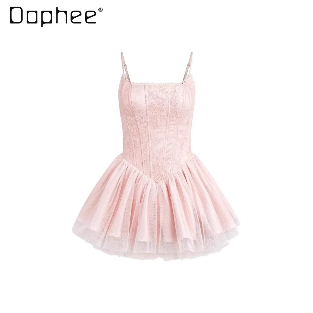 Vestido Sexy de encaje con lazo y espalda descubierta para mujer, vestidos de noche de princesa elegantes franceses, Mini vestido con tirantes estilo Ballet