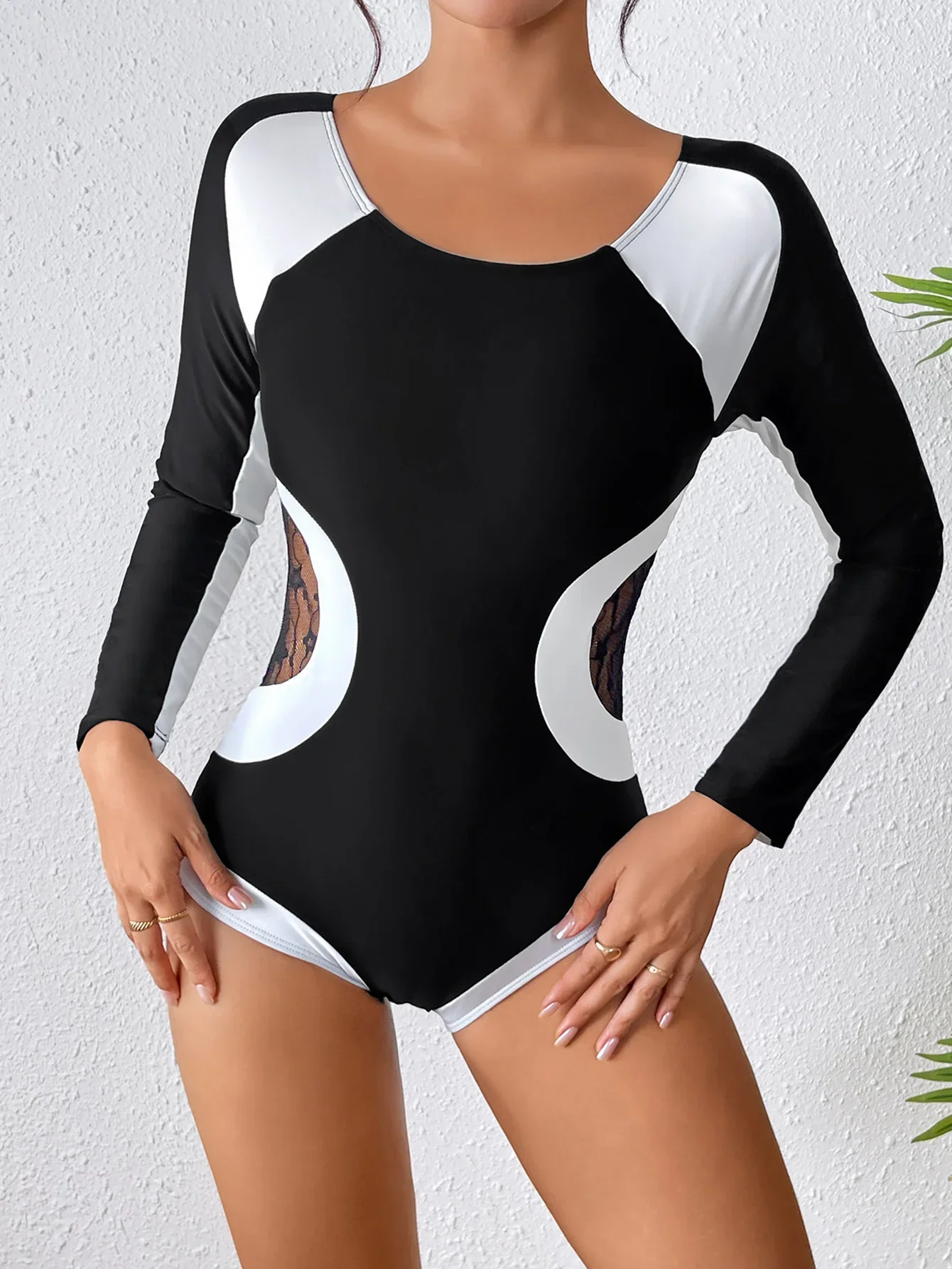 

Black White Long Sleeve Surfing Swimsuit 2025 Bodysuit Swimwear Women One Pieces Rashguard Clothes Mesh Bathing Swimming Suit