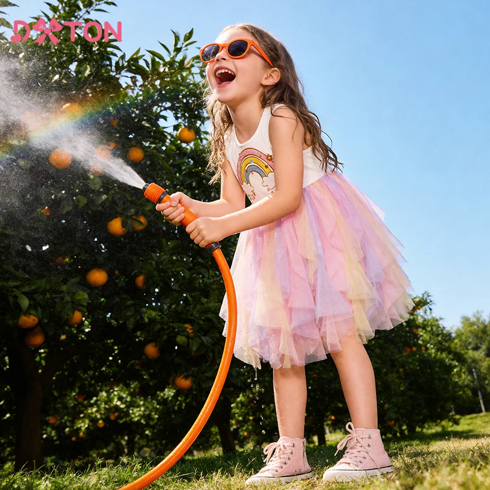 DXTON Girls Birthday Party Dress Cotton Baby Toddler Casual Dress Summer Children School Clothing Rainbow Kids Holiday Dresses