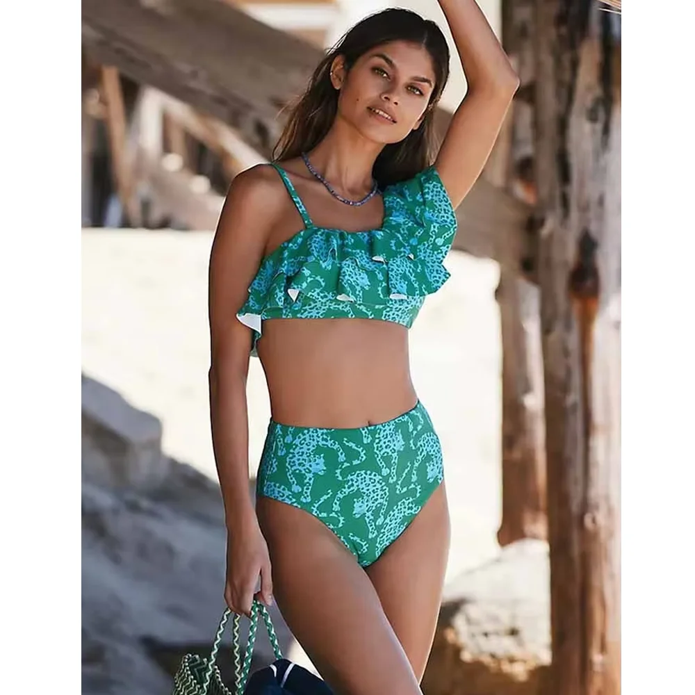 Bañador estampado con volantes para mujer, traje de baño de dos piezas de cintura alta con hombro descubierto, ropa de playa con pliegues, novedad