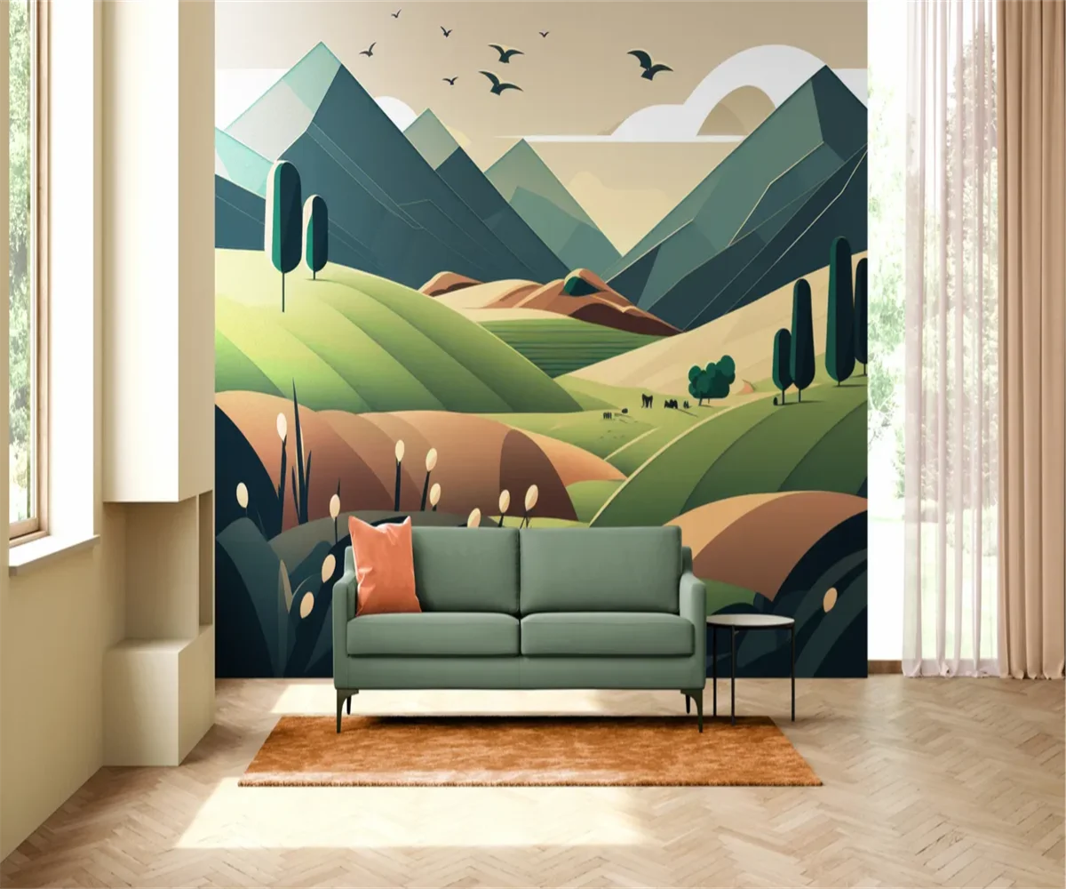 

Фотообои на заказ: Скандинавский природный пейзаж, мультяшные горы, декоративные французские художественные фрески