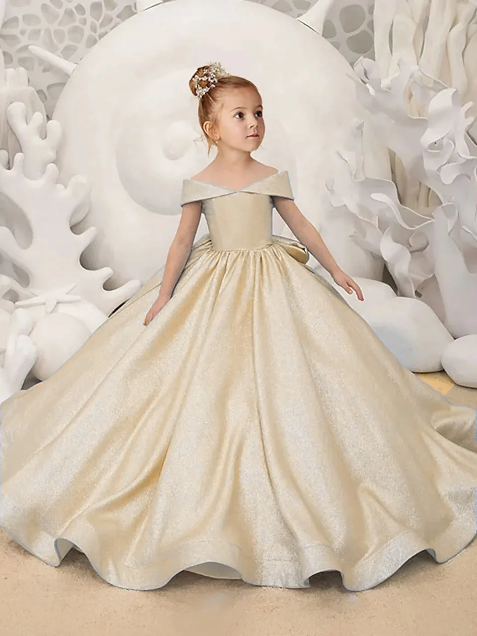 

Blue Champagne Satin Flower Girl Dress Elegant Shiny Puffy With Bow Wedding Child Birthday Party First Communion Ball Gowns