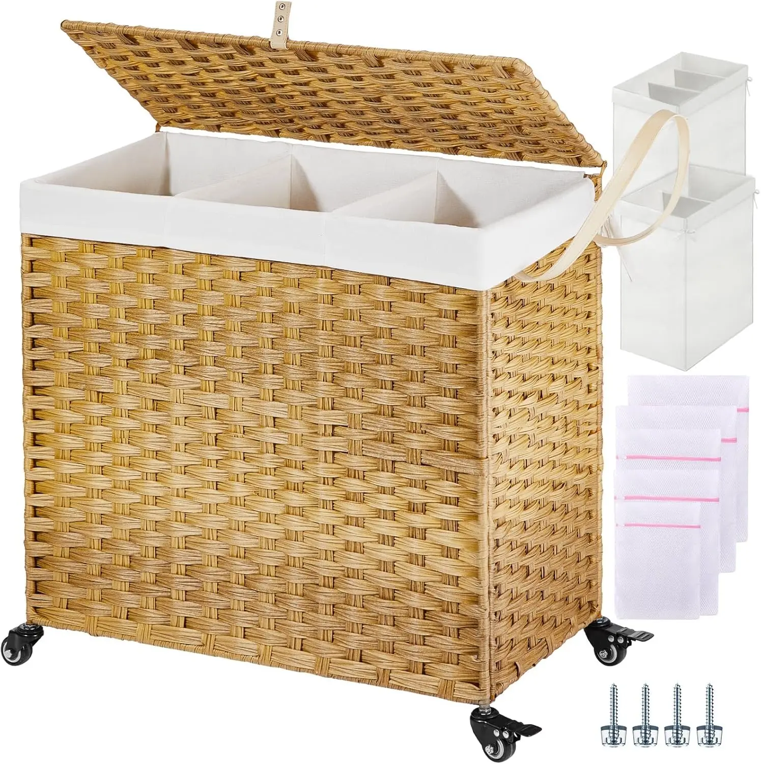 

Large 130L Laundry Hamper with Wheels, Lid & Removable Liner Bags - 3 Sections, 5 Mesh Bags Included
