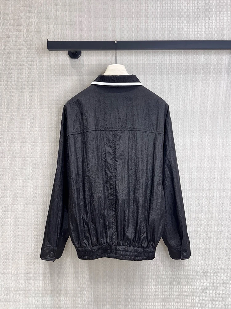 Spring Summer Fashion Black Thin Style Loose Casual Coat Women's Stand Collar Multi Pocket Long Sleeve Simplicity Jackets