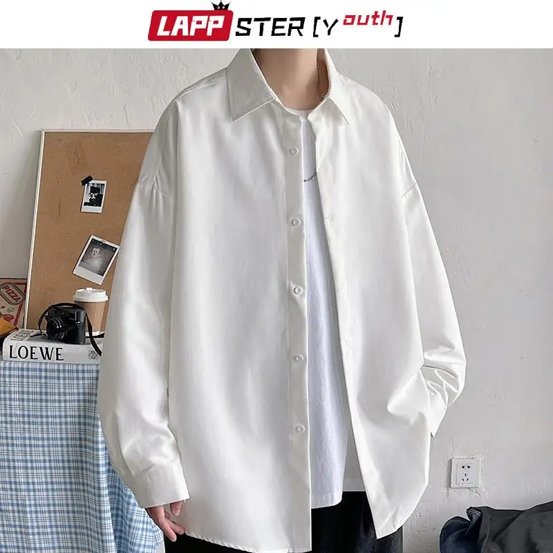 LAPPSTER-Youth Korean Fashion Black Long Sleeve Shirts 2023 Mens Harajuku Black Oversized Shirt Button Up Shirts Blouses 5XL image 2
