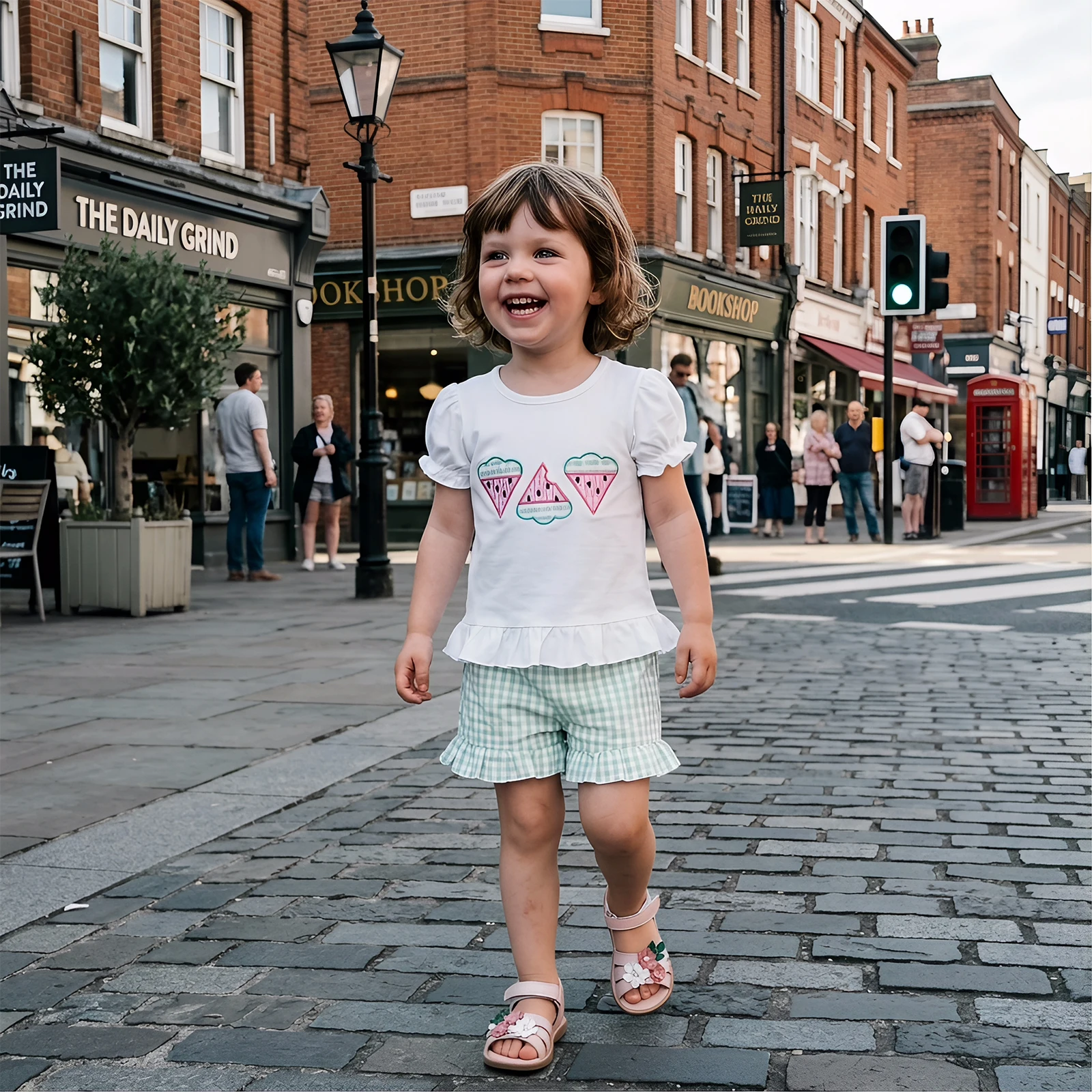 1-4Y Toddler Girls Summer Outfit Puff Sleeve Watermelon Applique Embroidery T-Shirt Plaid Ruffle Shorts 2-Piece Set