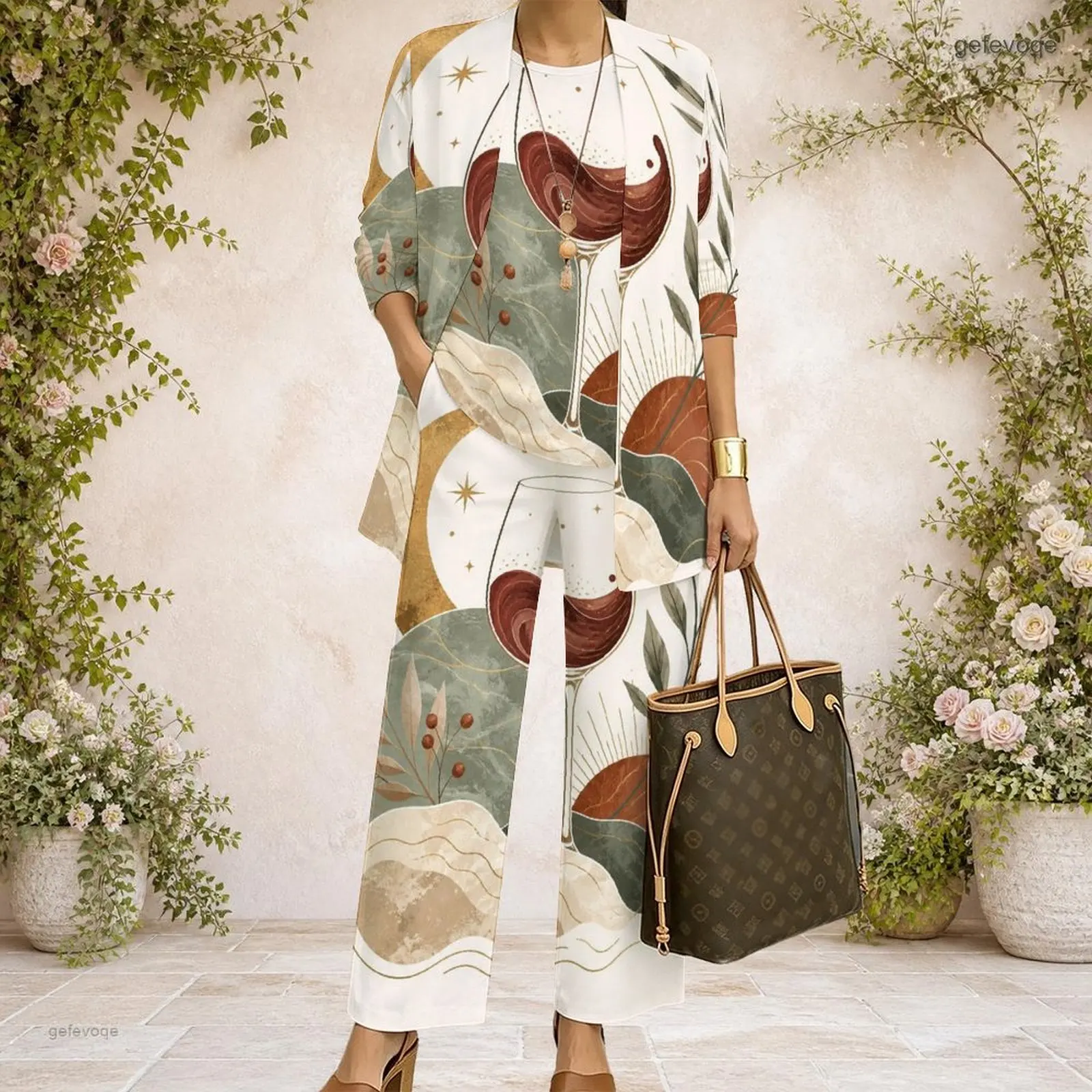 Women 3 Piece Outfit Mid Sleeve Open Cardigan With Tank Top And Wide Leg Pants Set Custom Print Ladies Casual Loungewear