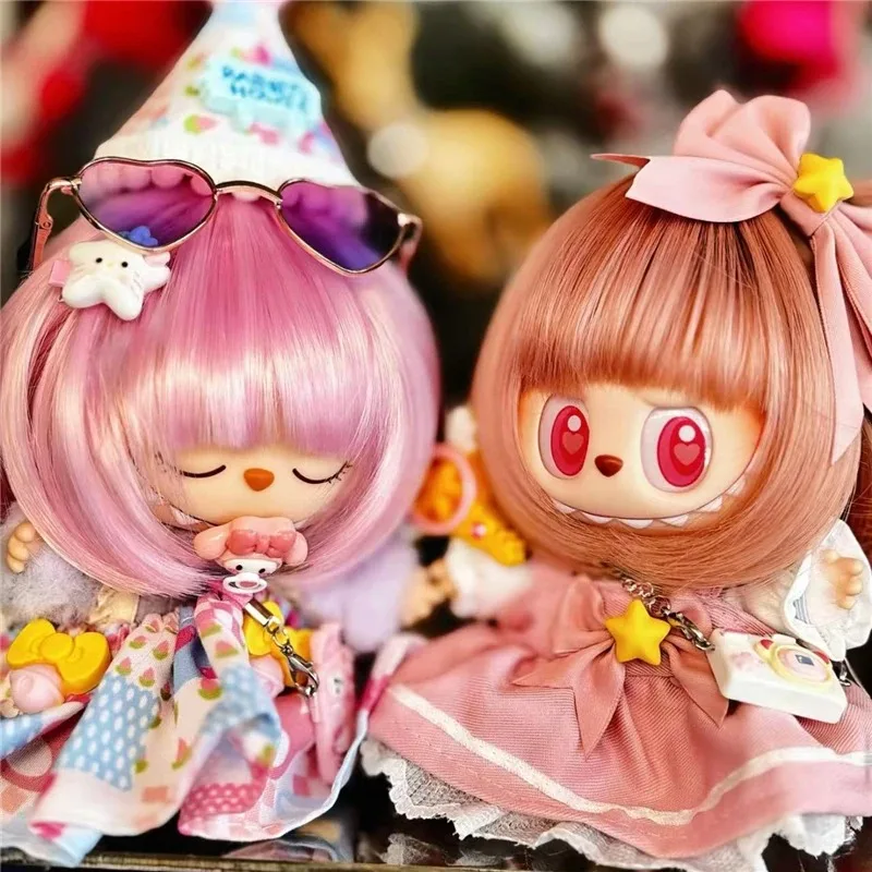 วิกผมคอสเพลย์ทรงบ๊อบ สำหรับตุ๊กตา Labubu BJD Dimoo ความยาว 22-23 ซม. รอบศีรษะ พร้อมชุดปาร์ตี้และเครื่องประดับ