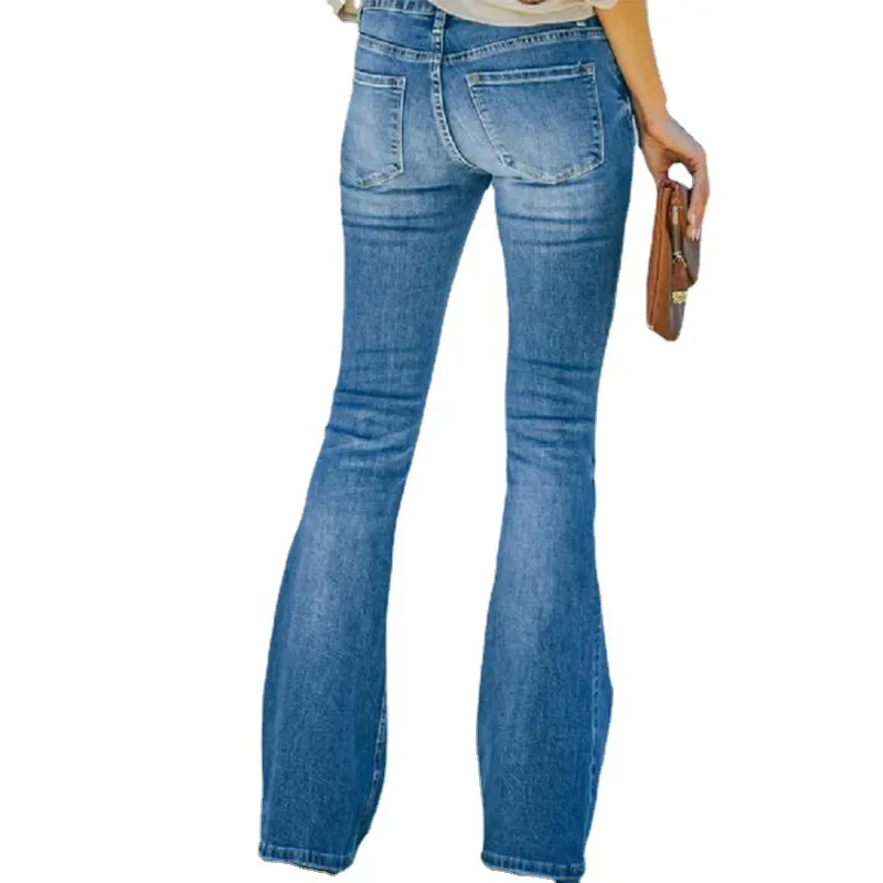 Pantaloni in denim svasato Jeans da donna lavati Jeans a vita alta a figura intera Cerniera solida Tasche larghe Tasche casual con bottoni sbiancati