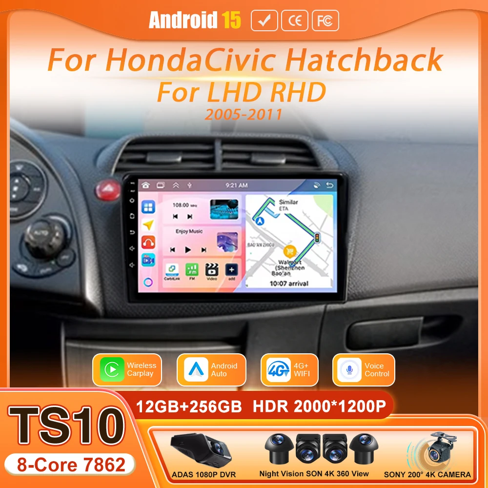Android 15 Car Radio Multimedia Video Player Stereo For Honda Civic Hatchback 2006 LHD RHD 2005 - 2011 Navigation GPS 2din Wifi