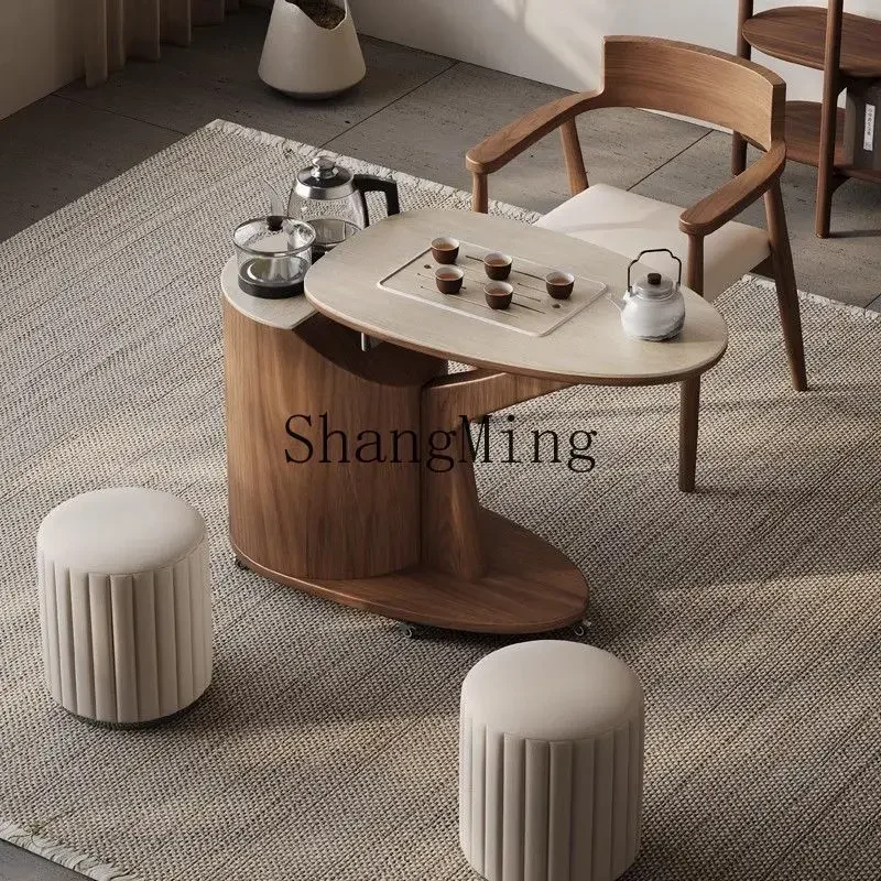 

CL rock slab tea table light luxury small apartment movable tea table solid wood tea cart