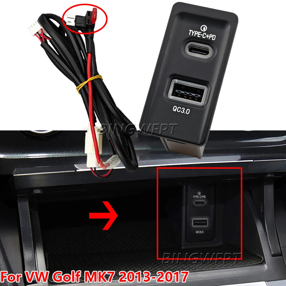 For VW Golf MK7 2013 2014 2015 2016 2017 Car Quick Charger TYPE-C PD USB Interface Socket Charging Outlet Power Adapter