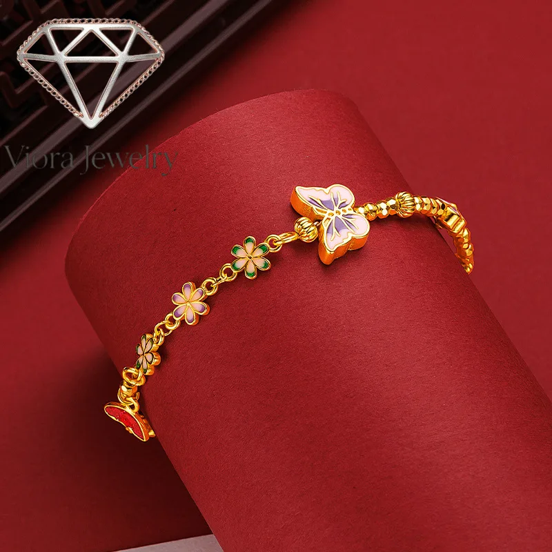 Viora Jewelry 9999 24K genuine gold design with a fiery blue butterfly flower, light luxury and sparkling bouncing Di bead butte