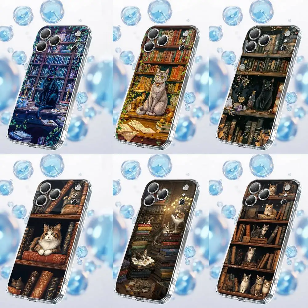 

Book Bookshelf Cat Cool Phone Case For iPhone 17,16,15,14,13,12,11 Plus,Pro,Max,Plus,E,SE4,Air,Mini Transparent