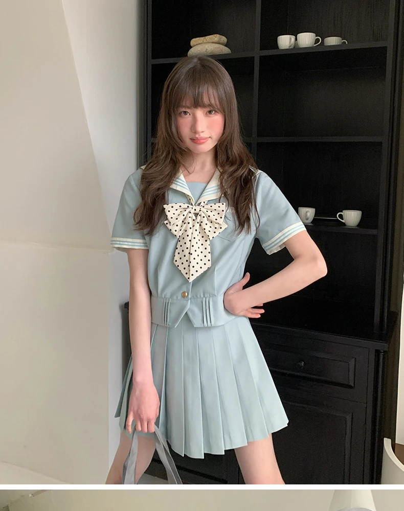 Sweet Jk Uniform Mint Green Navy Collar Short Sleeve Shirt Girl Summer Solid Color Versatile Age-reducing Short Pleated Skirt