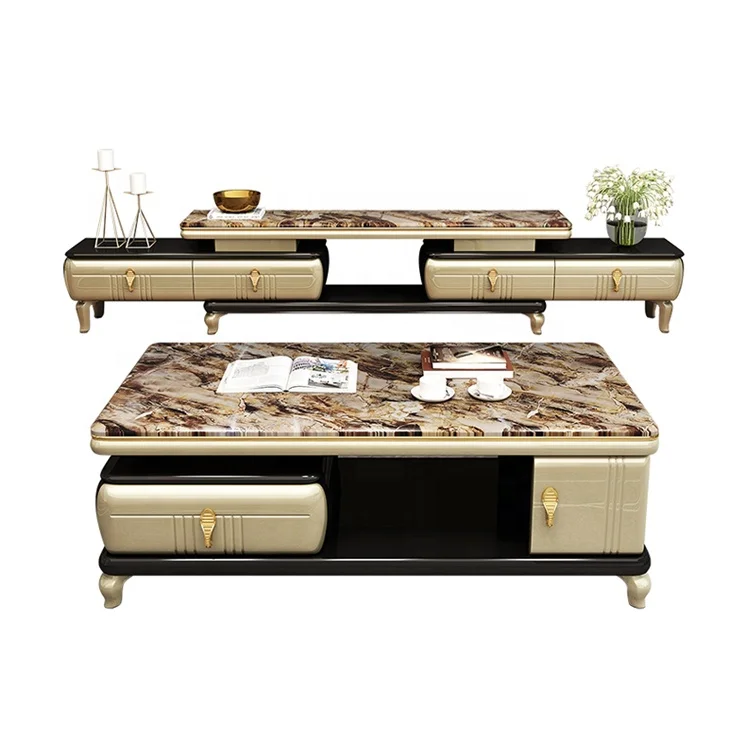 

#Modern Deluxe Coffee Table TV Stand with Side Cabinet Gold Stainless Steel Frame Table with Drawer