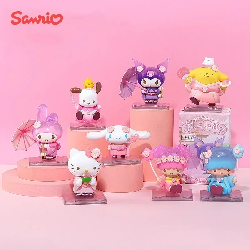 Miniso Sanrio Personagens Coleção de Flores e Frutas Bonito Kuromi Cinnamoroll Hello Kitty Melody Pocahcco Modelo de Boneca de Caixa Cega