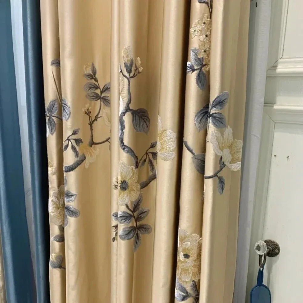 New Chinese Style Gold and Blue Embroidered Window Tulle Curtains for Living Room Bedroom Splicing Thickened Curtains Customized