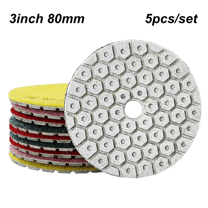 5PCS 3 Inch 80mm Dry Polishing Pad Diamond Polishing Tools for Slabs Granite Marble Quartz Concrete Polishing Pads