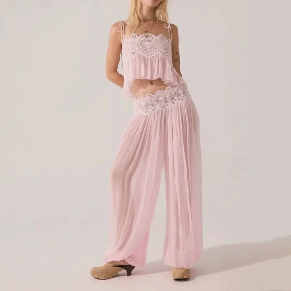 See Through Camisole Pants Sets Lace Trim Detail Wide Leg Pleated Lantern Pant High Waist Square Neck Camisole Tank Top Outfit