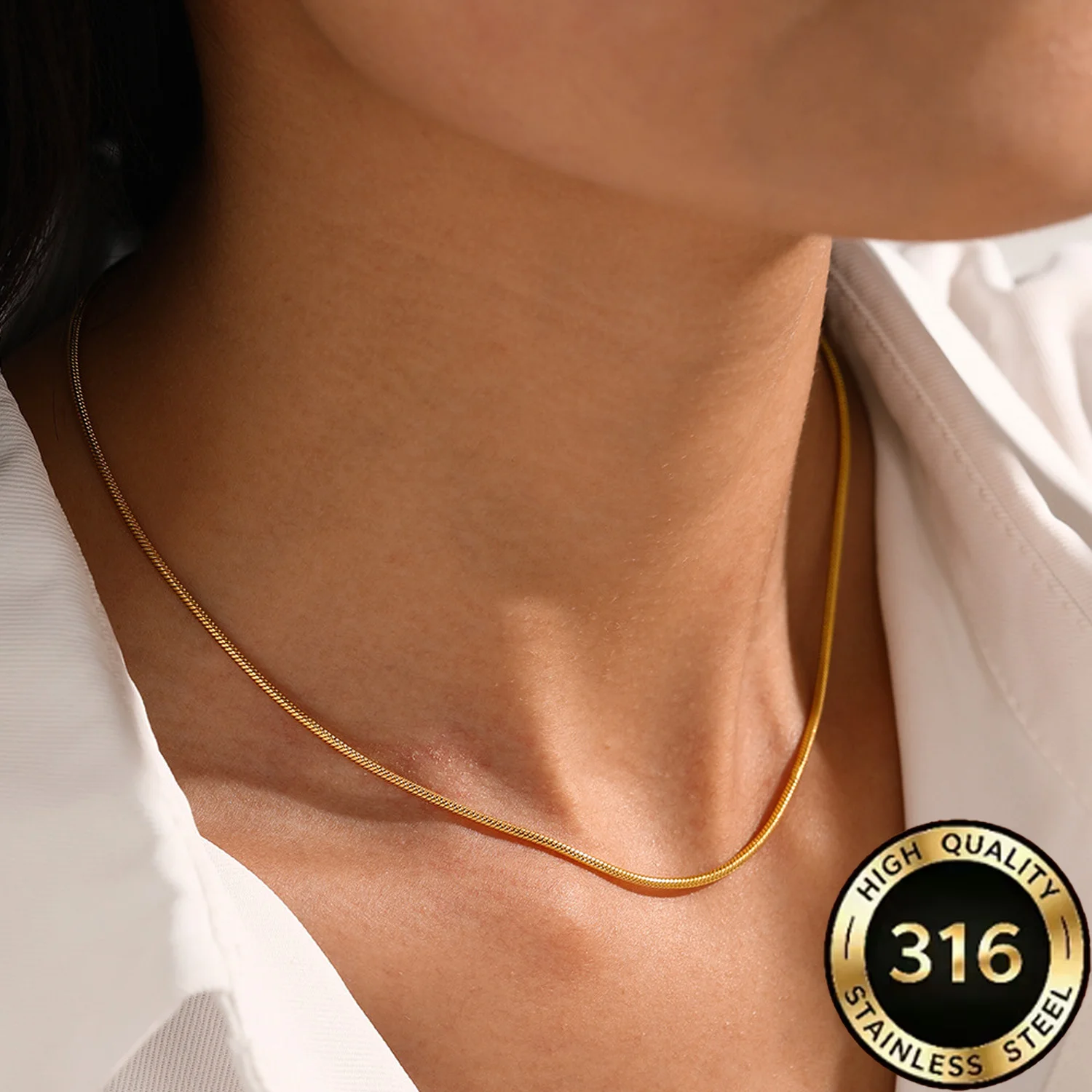 1PC 1mm Ultra-Fine Stainless Steel Snake Bone Chain Necklace 316L Gold-Plated Simple Design for Women Daily Wear
